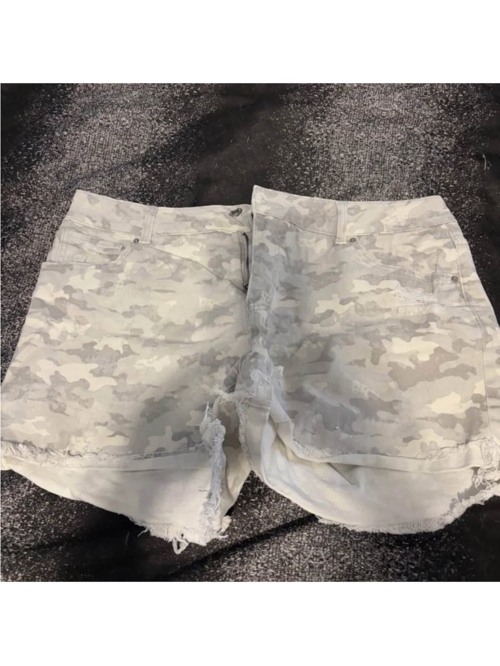 Women's Light Gray Camo Distressed Denim Shorts with Freyed hem